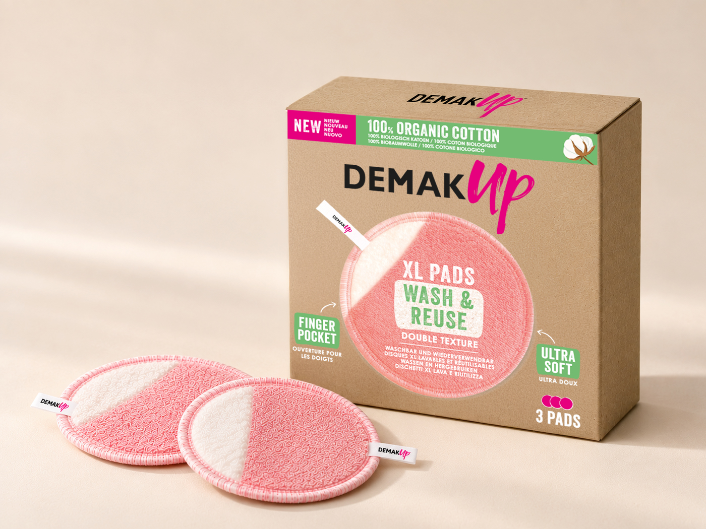 Étui carton Demak'Up XL Pads Wash & Reuse et deux disques lavables rose et blanc