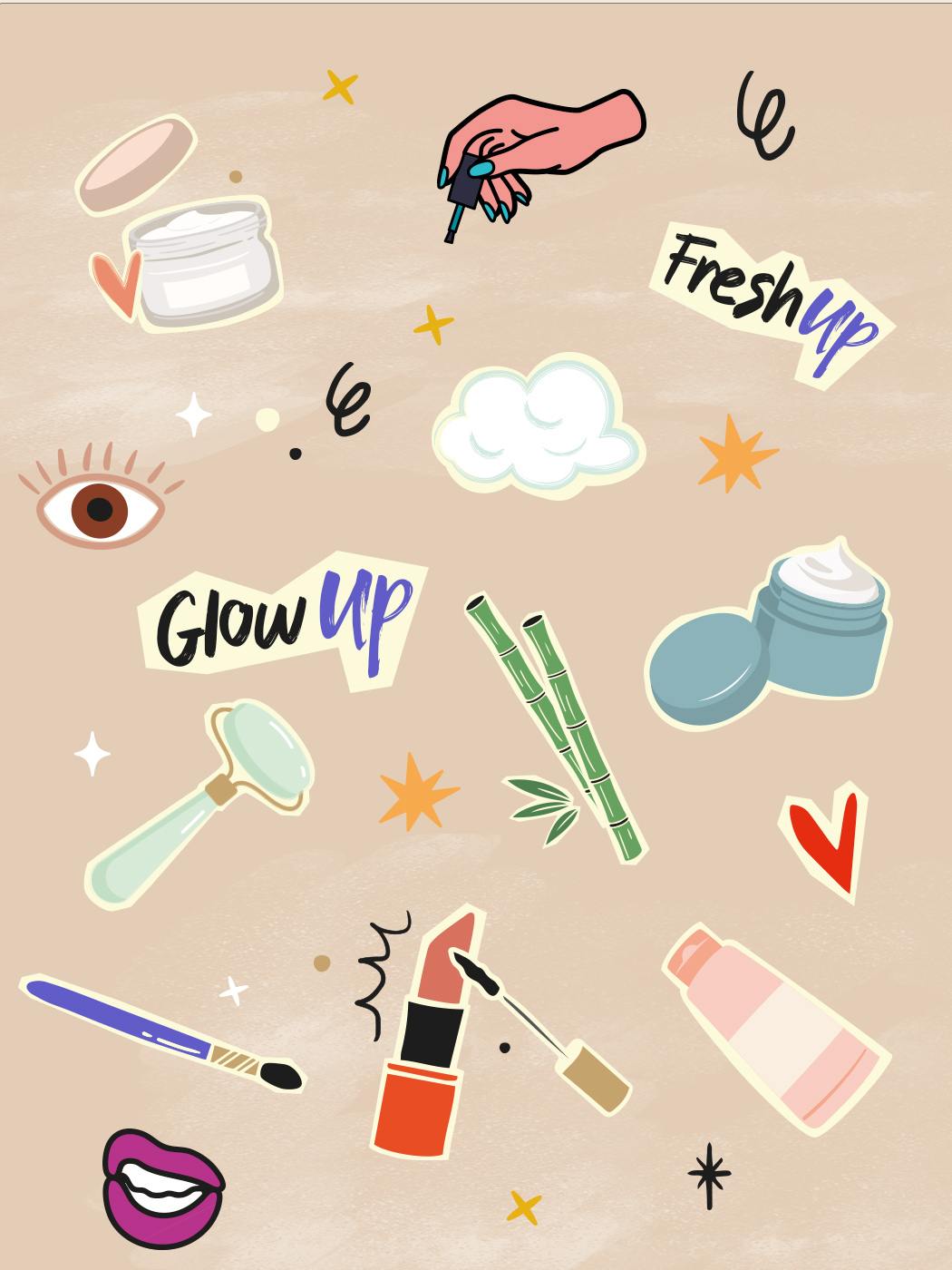 Planche d'illustrations des éditions limitées : soins, maquillage, bambou et accroches Glow Up et Fresh Up