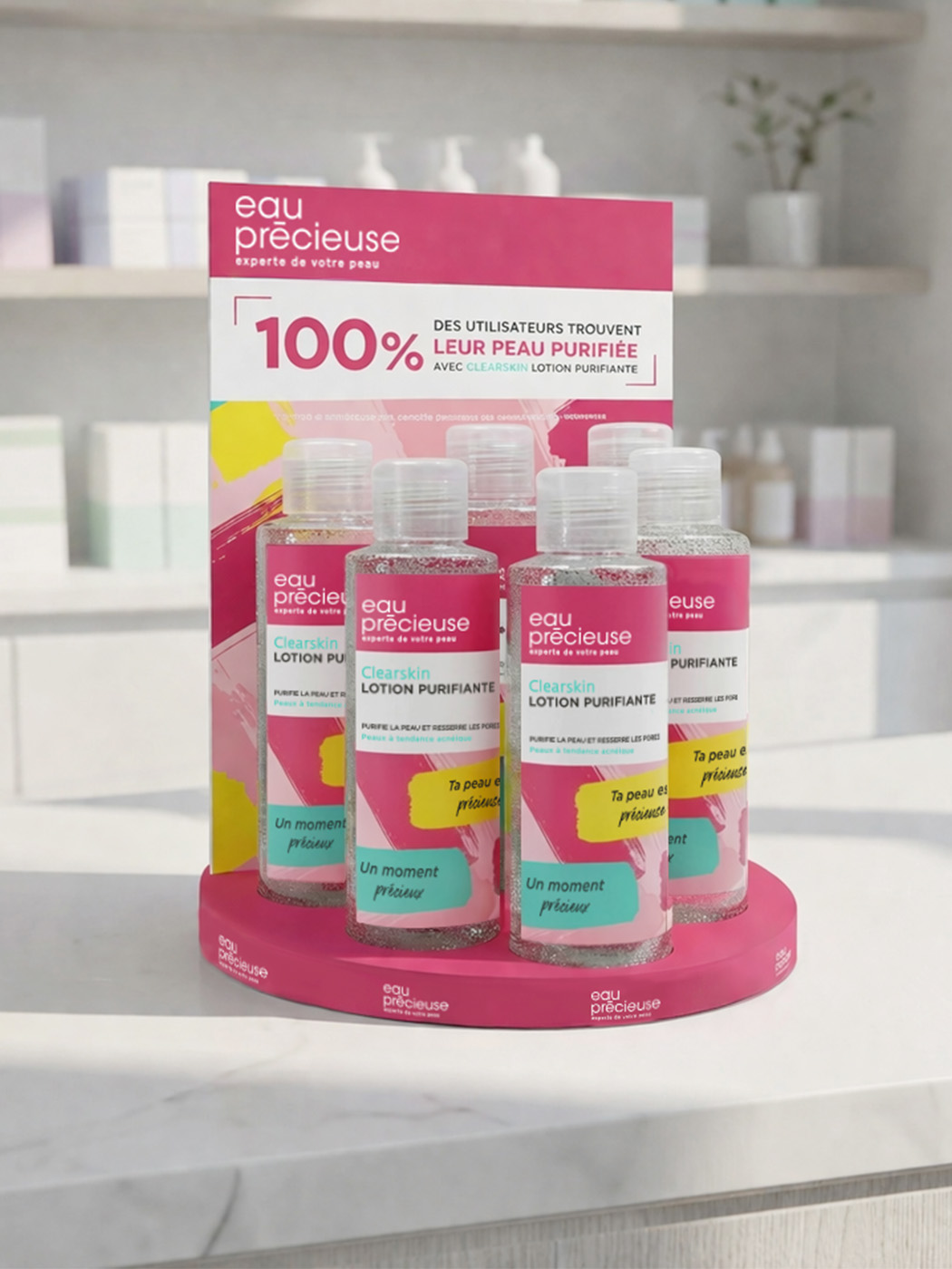 Présentoir de comptoir Eau Précieuse : « 100 % des utilisateurs trouvent leur peau purifiée »