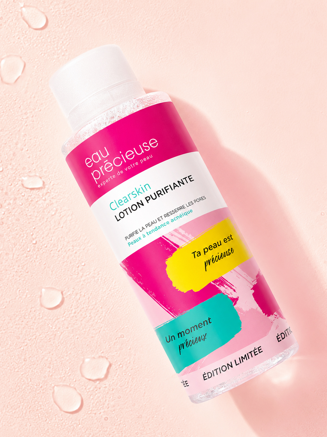 Flacon Clearskin édition limitée, avec les accroches « Ta peau est précieuse » et « Un moment précieux »
