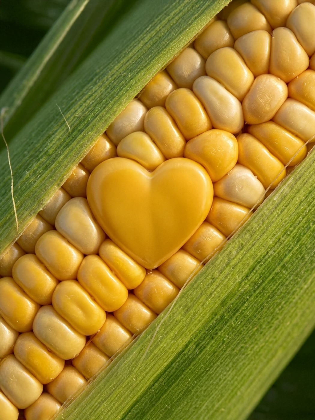 Épi de maïs dont un grain a la forme d'un cœur, signe de la campagne