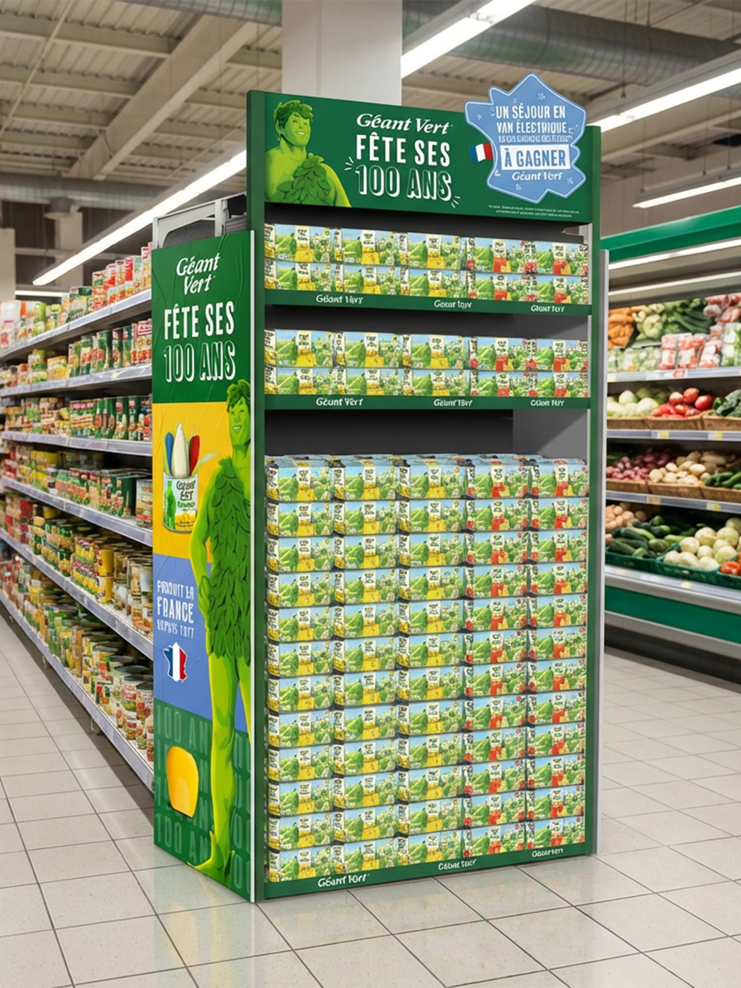 Box palette « Géant Vert fête ses 100 ans » installée en tête de gondole