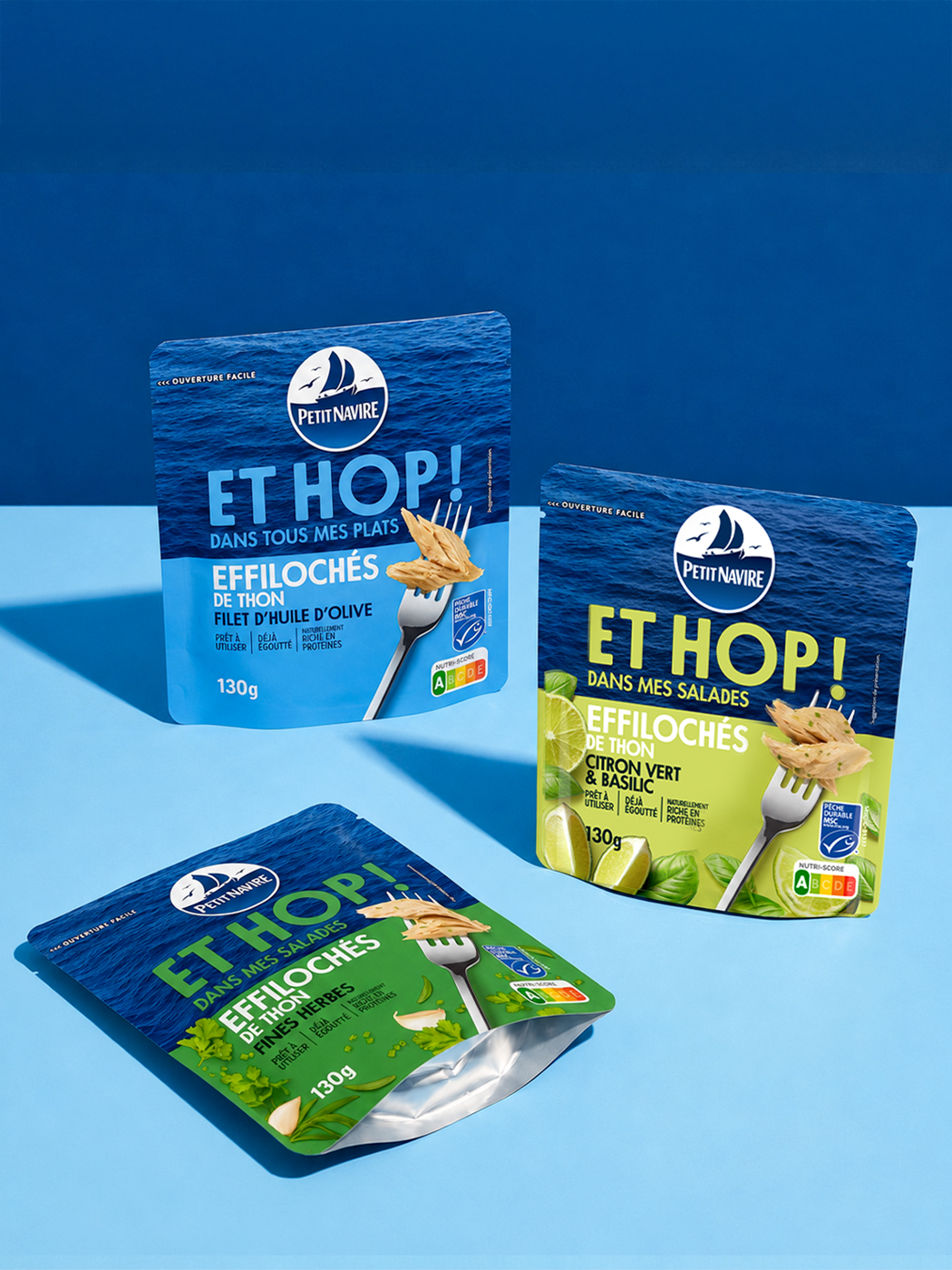 Sachets Petit Navire Et Hop ! effilochés de thon : huile d'olive, citron vert et basilic, fines herbes