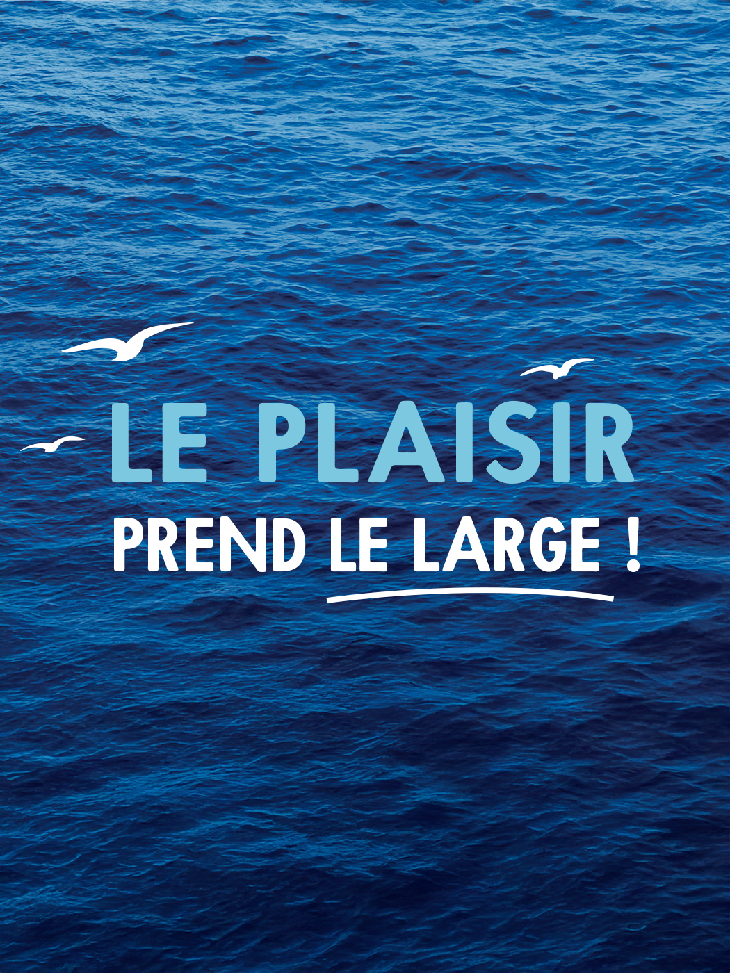 Signature « Le plaisir prend le large ! » sur une mer bleue, avec des mouettes