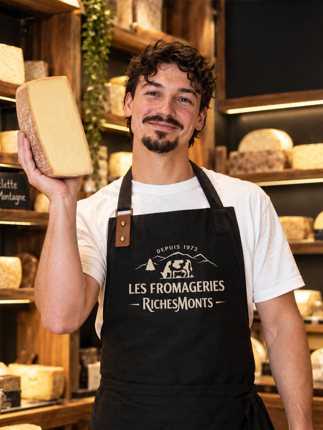 Tablier aux couleurs des Fromageries RichesMonts, porté par un fromager