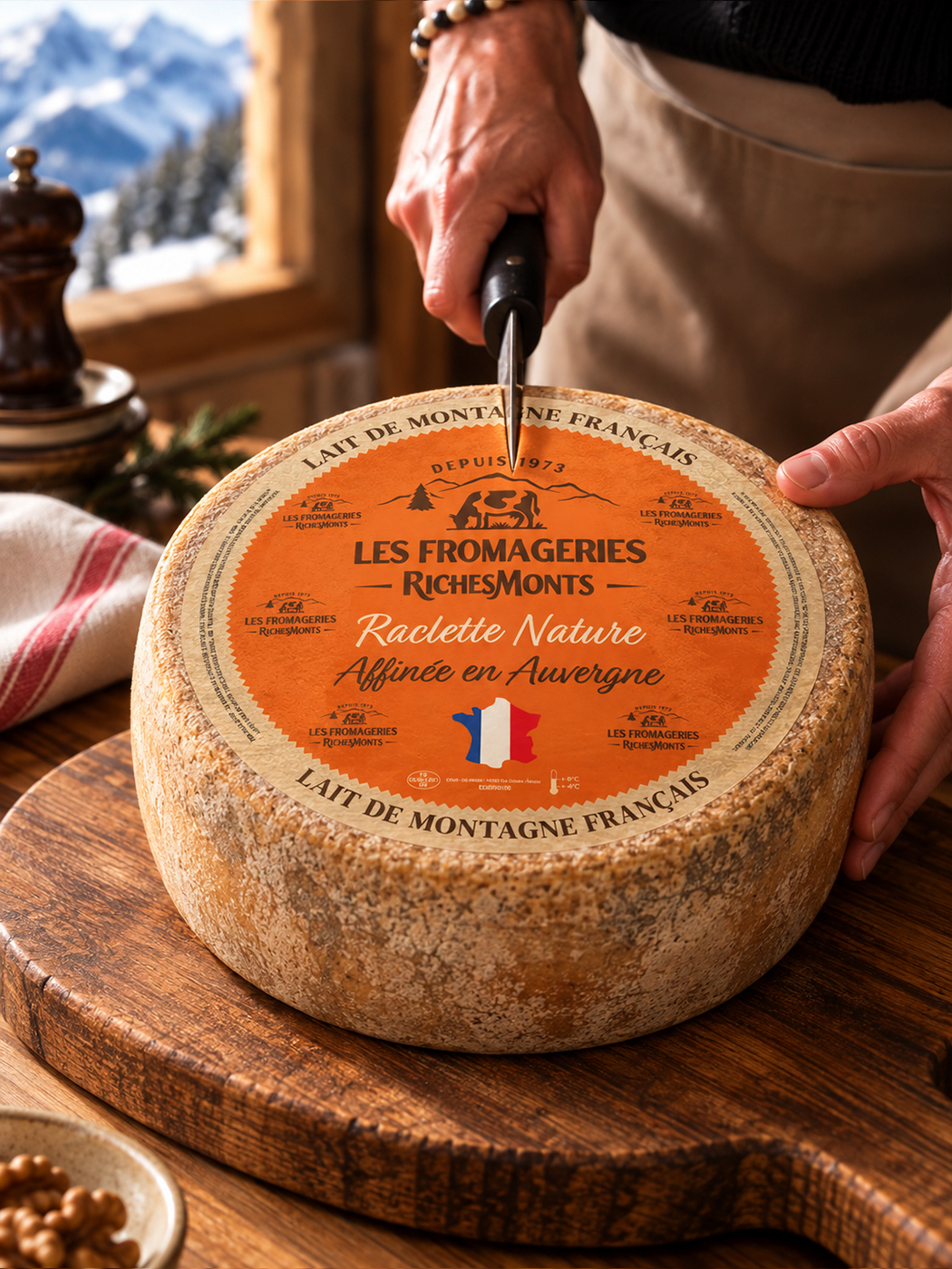 Étiquette « Raclette Nature affinée en Auvergne » sur une meule entamée