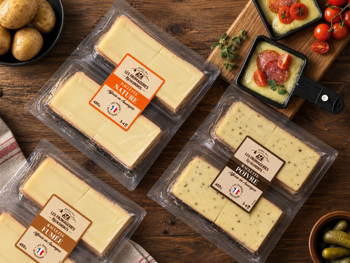 Barquettes de raclette RichesMonts, étiquetées par gamme : nature, fumée et poivre