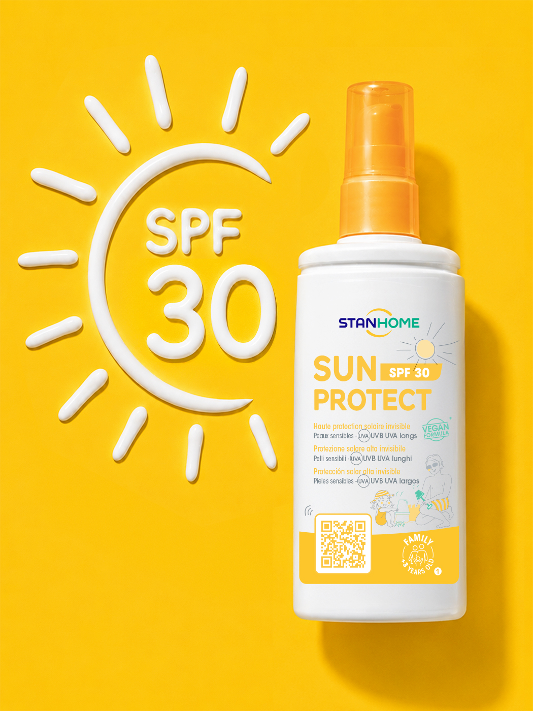 Flacon Stanhome Sun Protect SPF 30 et soleil dessiné à la crème solaire