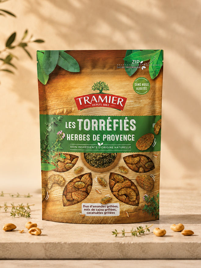 Sachet Tramier Les Torréfiés herbes de Provence, posé sur une pierre au soleil