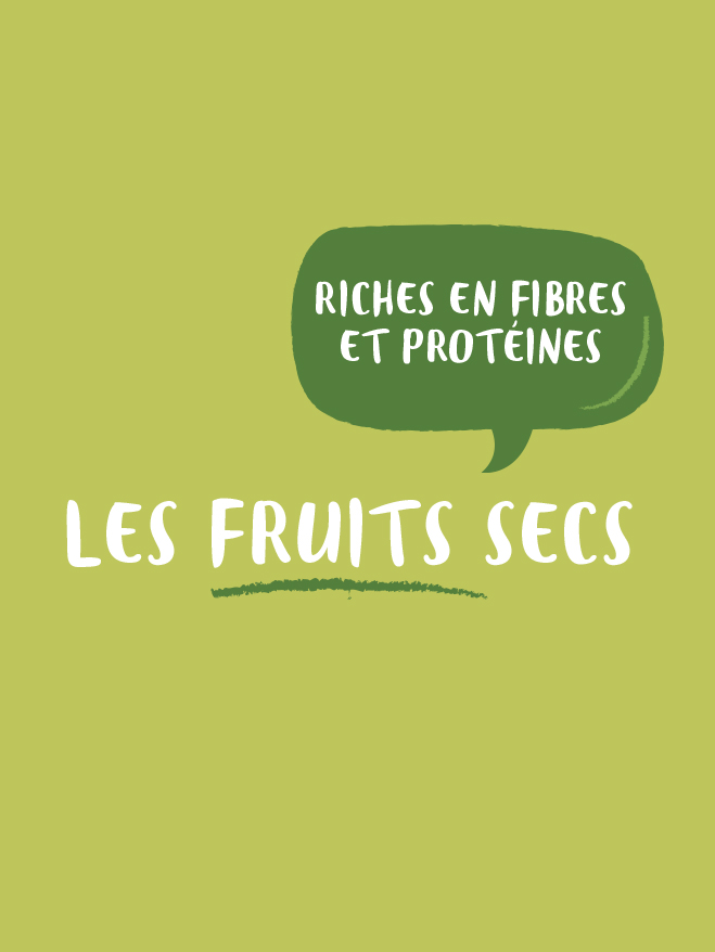 Nom de gamme « Les fruits secs » et bulle « Riches en fibres et protéines »