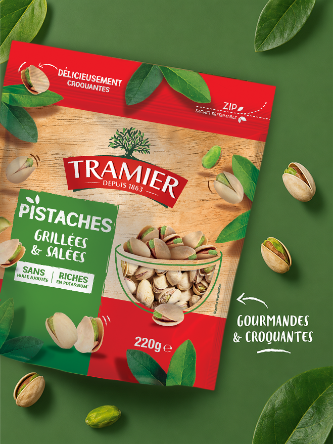 Sachet Tramier pistaches grillées et salées, avec la mention « Gourmandes & croquantes »