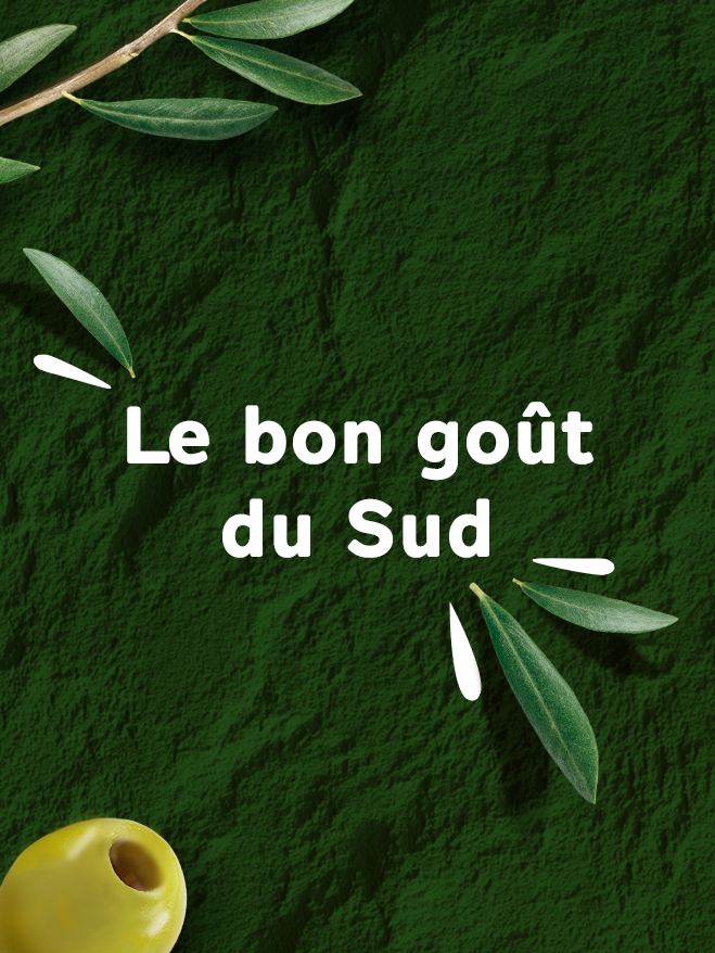 Signature « Le bon goût du Sud » sur fond vert, entourée de feuilles d'olivier