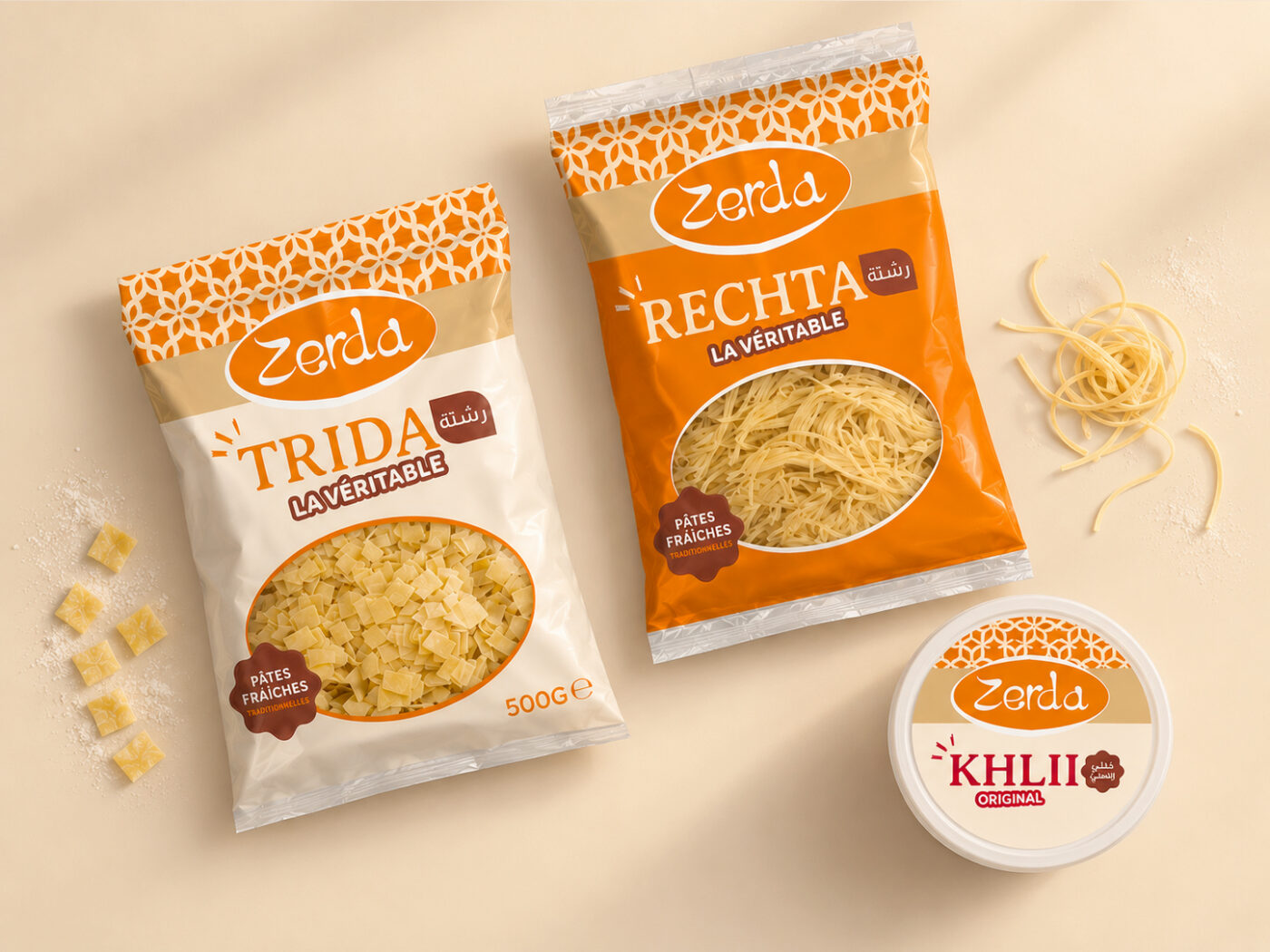 Sachets de pâtes fraîches Zerda Trida et Rechta, et pot de Khlii Original