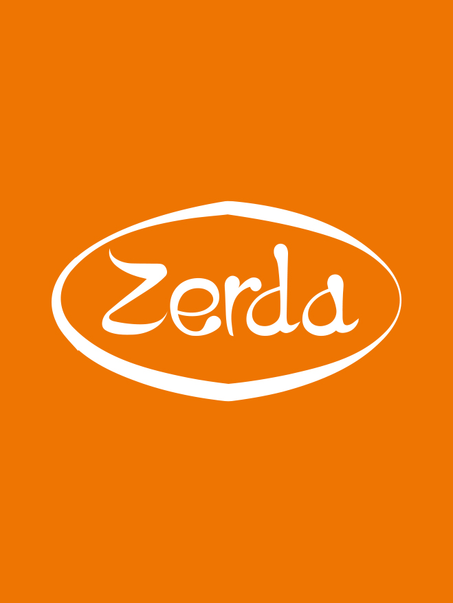 Logo Zerda blanc dans son ovale, sur fond orange