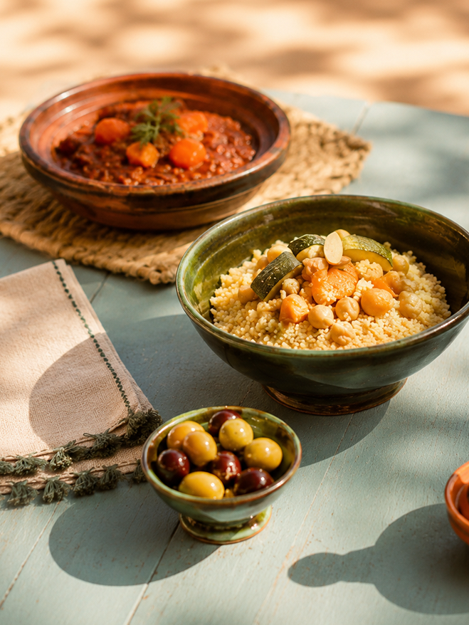 Couscous et tajine servis dans des plats en terre, avec un bol d'olives