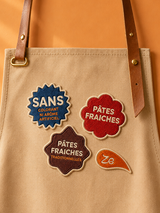 Écussons brodés de la marque Zerda sur un tablier : « Pâtes fraîches », « Sans colorant ni arôme artificiel »