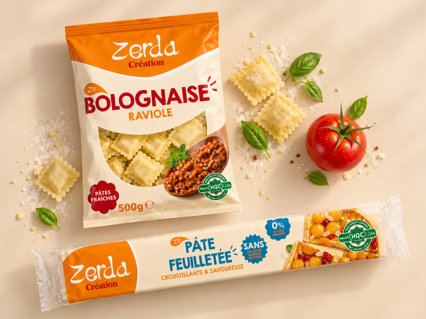 Sachet de ravioles bolognaise et pâte feuilletée Zerda Création, avec tomate et basilic
